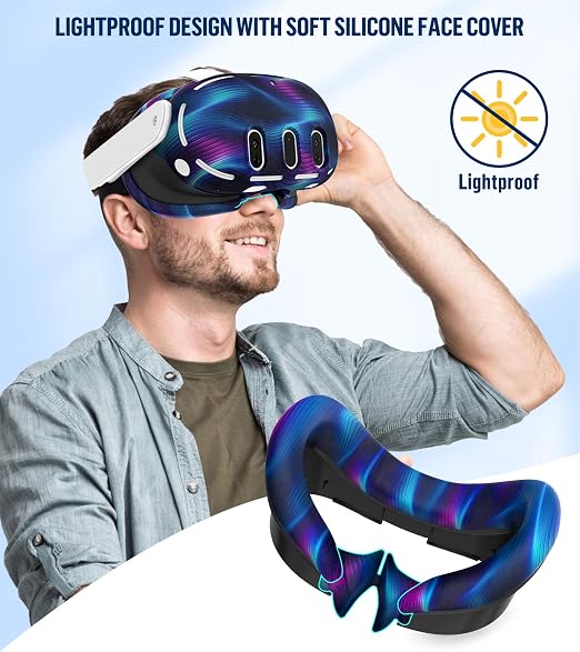 Silicone Cover Set Compatible with Oculus/Meta Quest 3, Touch Controller Grips Cover, VR Shell Cover, Facial Interface Cover, Protective Lens Cover, Tempered Glass Lens Caps (Aurora Blue)
