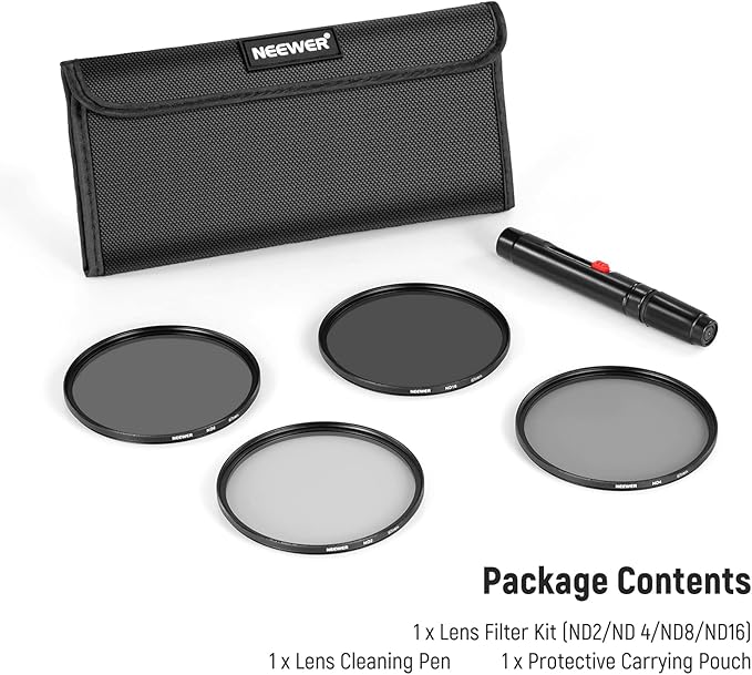 NEEWER 67mm ND Lens Filter Kit: ND2 ND4 ND8 ND16, Lens Cleaning Pen, Filter Pouch Neutral Density Filter and Accessory Kit Compatible with Canon Nikon Sony Panasonic DSLR Cameras with 67mm Lens