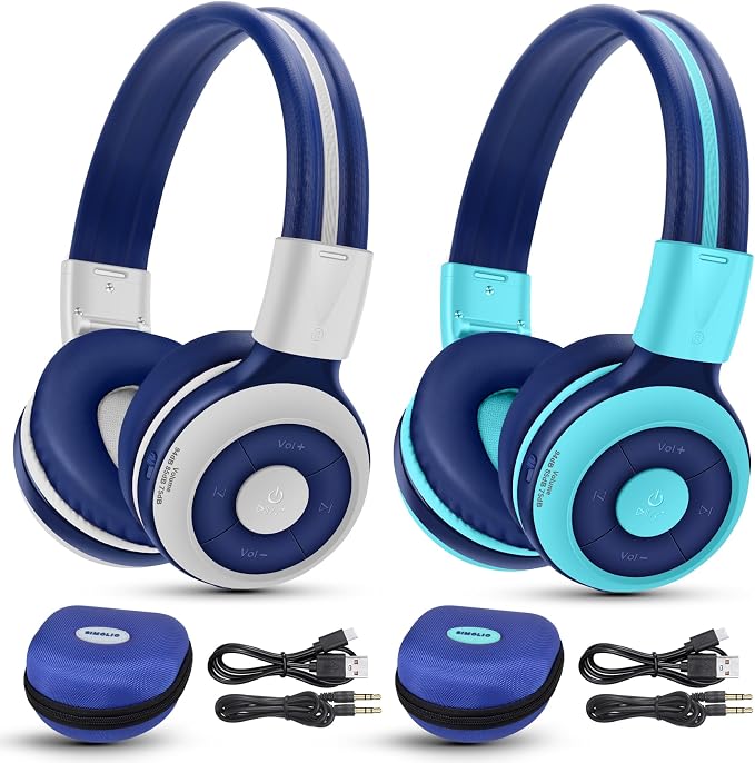 SIMOLIO 2 Pack Kids Bluetooth Headphones with Share Port, 75/85/94dB Volume Limit for Toddler Teens, Wireless Headsets with USB C Charging, Foldable Headphone w/HD Mic for School Airplane iPad PC