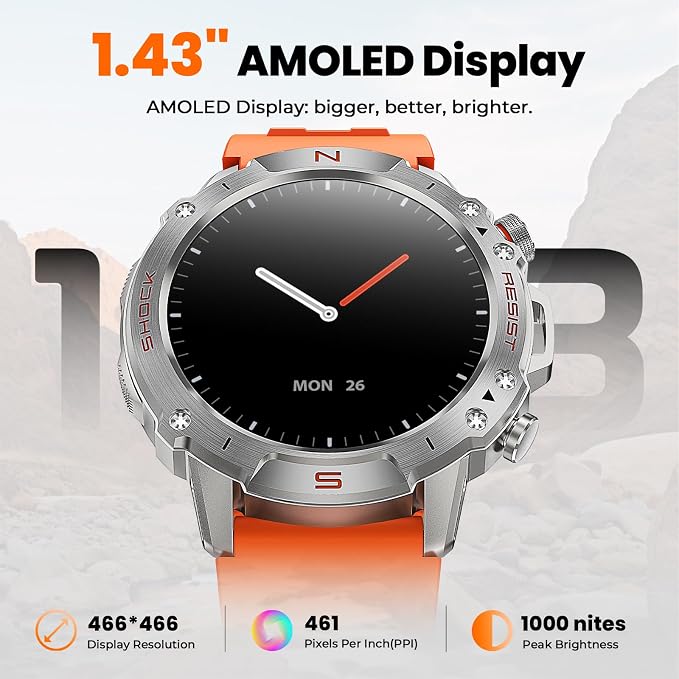WalkerFit Smart Watch for Men (Answer/Make Call), 1.43" AMOLED 5ATM Waterproof Fitness Tracker with 178+ Sports Modes, Heart Rate/SpO2/Sleep Monitor, with Extra Silicone Band, for Android iPhone