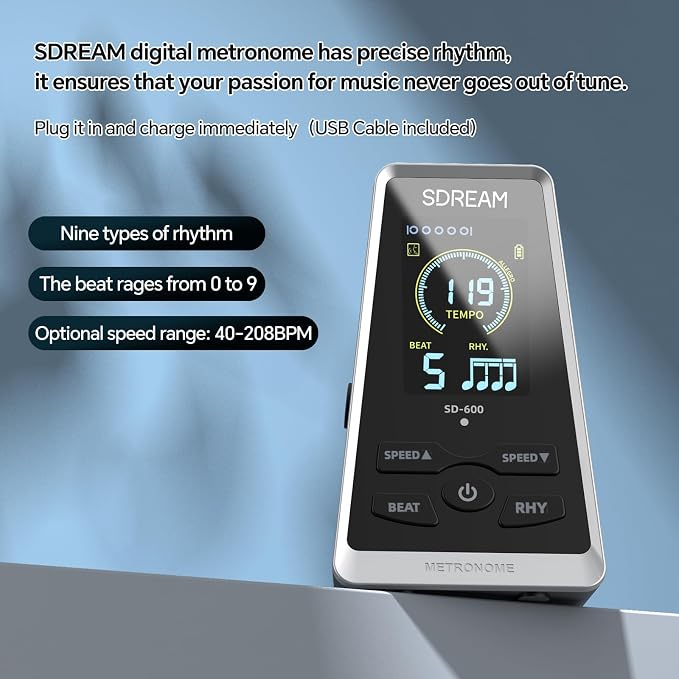 SDREAM Digital Metronome for Piano,Guitar,Violin,Rechargeable LCD Electronic Metronome with Human Voice,Professional Metronome for Beginners & Musicians,Instrument Volume & Beat Speed Adjustable