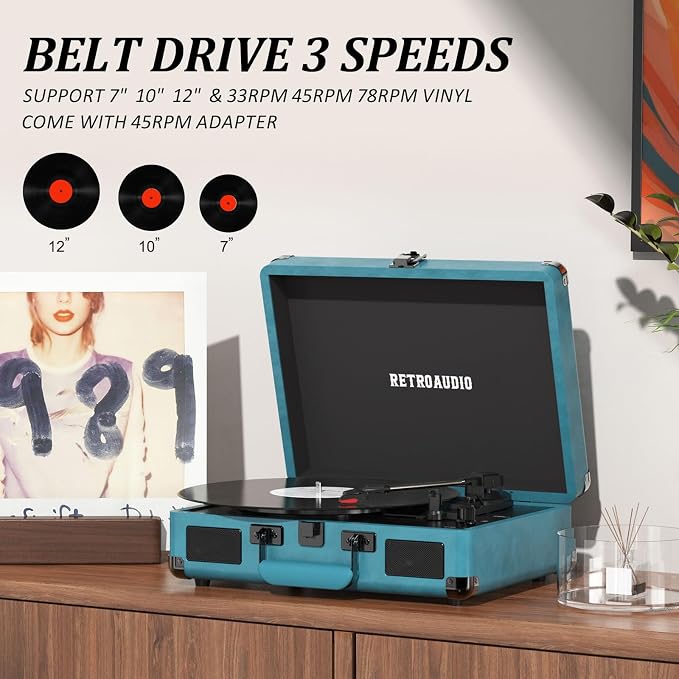 Vinyl Record Player 3 Speed Bluetooth Portable Suitcase Belt-Driven Record Player with 2 Built-in Stereo Speakers Vinyl Vintage Turntable Records Player with RCA Line Out, AUX Out (Smoke Blue)
