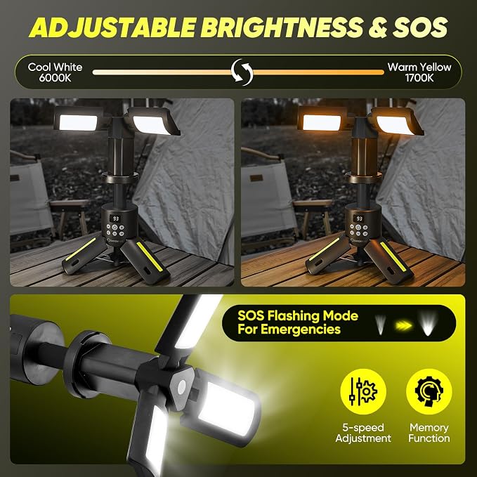 SakerPlus Portable Camping Lights with Stand, 5000LM Rechargeable LED Flashlight, 9 Color Modes, Collapsible Camping Lantern Tent Light with Magnetic Base for Power Outages, Camping & Emergency(Black)