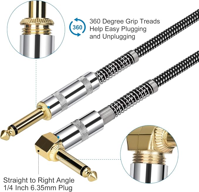 JOLGOO Guitar Cable, 1/4 Inch Cable 10 Ft, Straight to Right Angle 6.35mm Plug Bass Keyboard Instrument Cable, Black and Gray Tweed Cloth Jacket, Electric Mandolin, pro Audio