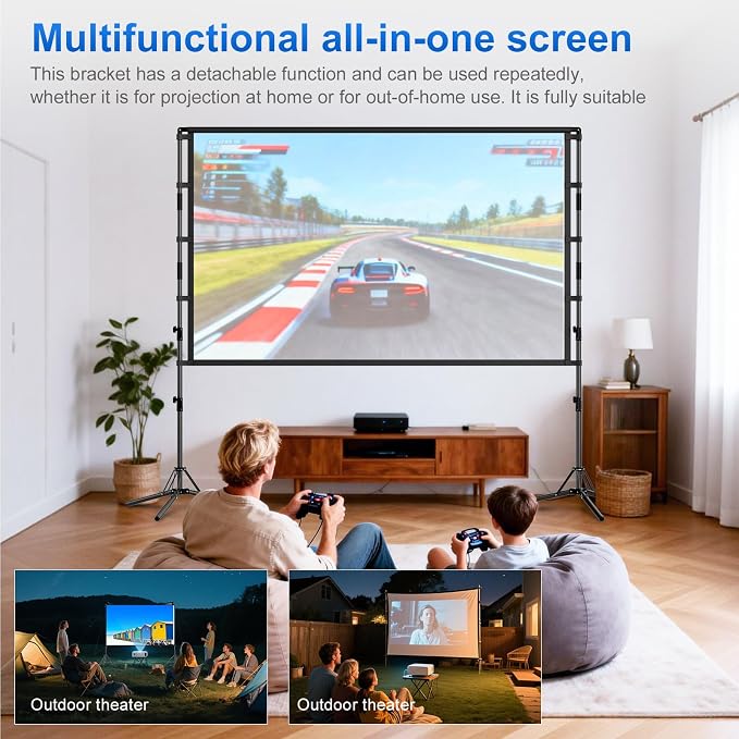 Projector Screen and Stand,GAINVANE 120 inch Portable Projector Screen Indoor Outdoor Projection Screen 16:9 4K HD Wrinkle-Free Light-Weight Movie Screen with Carry Bag for Backyard Movie Night