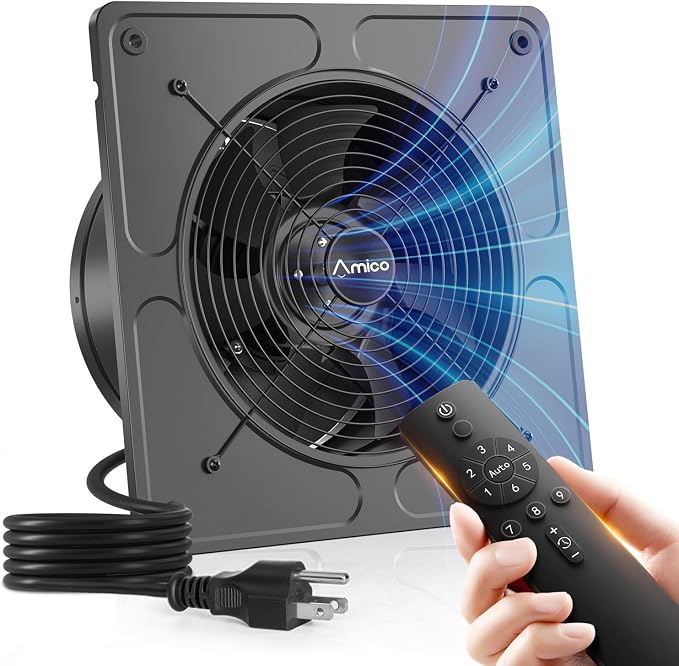 Amico 10" Kitchen Exhaust Fan with Remote, 1038 CFM High Airflow Extractor Fan, Energy Efficient 50W EC Motor Ventilation Fan for Garage, Attic & Greenhouse, 9-Speed, Timer, Low Noise 55dB, FCC, Black