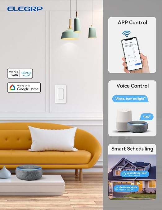 ELEGRP Single Pole Smart Dimmer Light Switch DPR10, 2.4GHz Wi-Fi Dimmer Switch Compatible with Alexa and Google Assistant, Needs Neutral Wire, No Hub Required, UL Listed, Matte White, 10 Pack