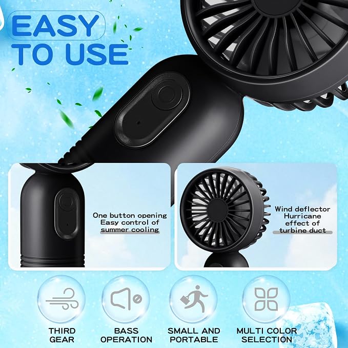Rossesay 1 Pcs Mini Portable Fan Bulk Cute Handheld Lightweight Small Little Personal Hand Eyelash Fan 3 Speeds USB Rechargeable for Women Men Indoor Outdoor Makeup Travel (Black)