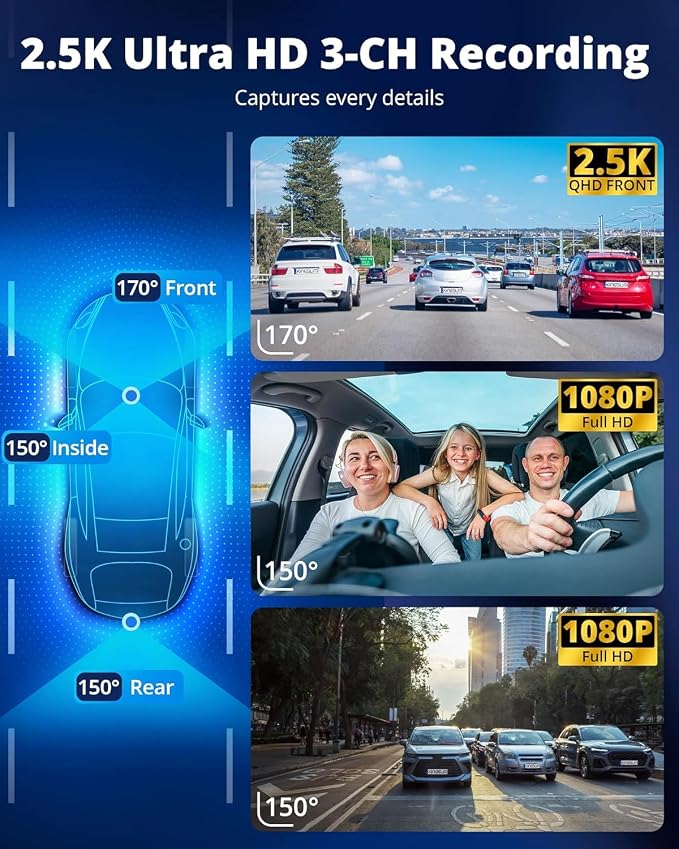 Kingslim 3 Channel 5G WiFi Dash Cam with 64GB Card, 2.5K/1080P Front and Rear Inside Dashcam, 2.5K/1080P/1080P Three Way Dash Camera for Cars Auto IR Night Vision, Loop Recording, APP Control(O3PRO)