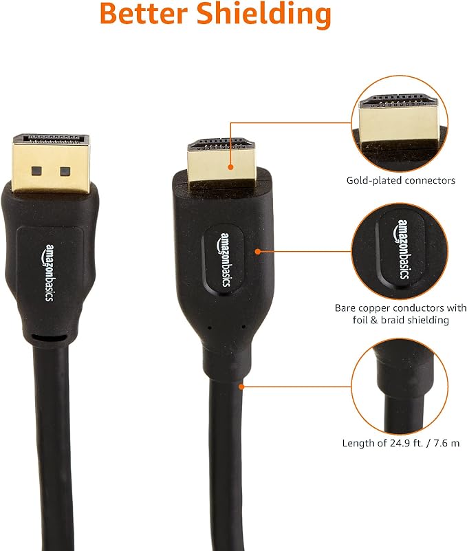 Amazon Basics DisplayPort to HDMI Cable, Video and Audio, Uni-Directional, 1920x1200, 1080p, Gold-Plated Plugs, 25 Foot, Black (Pack of 2)