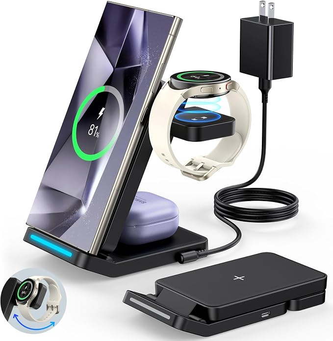 Foldable Wireless Charger for Samsung, 3 in 1 Fast Wireless Charging Station Stand for Samsung Galaxy S25 Ultra S24/S23/S22/S21/Note/Z Fold 7 ZFlip 7/6/5,Galaxy Watch 8/Ultra/7/6/5, Galaxy Buds, Black