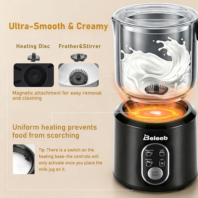 Detachable Milk Frother and Steamer, Dishwasher Safe Stainless Steel Milk Jug, 4-in-1 Electric Automatic Hot/Cold Foam Maker & Hot Chocolate Machine, 11.8oz/350ml, Perfect for Latte, Cappuccino