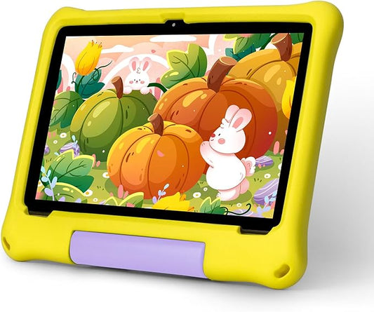 Android 15 Tablets – Kids Tablet 10 Inch with Case, Octa-Core, 8GB+64GB Storage (Expandable to 1TB), Dual Camera, GMS Certified, 5G WiFi 6, Bluetooth – Tablet for Kids Ages 3–12 (Yellow)