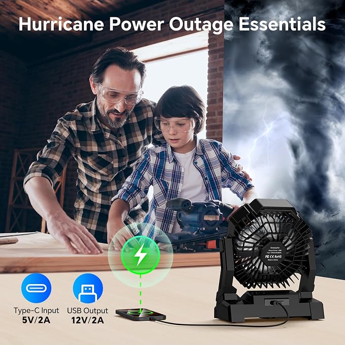 Portable Camping Fan with LED Lantern, 15000mAh Rechargeable Battery Operated Fan with 3 Speeds & Digtal, Personal USB Table for Camping Essential ＆ Hurricane-Ready
