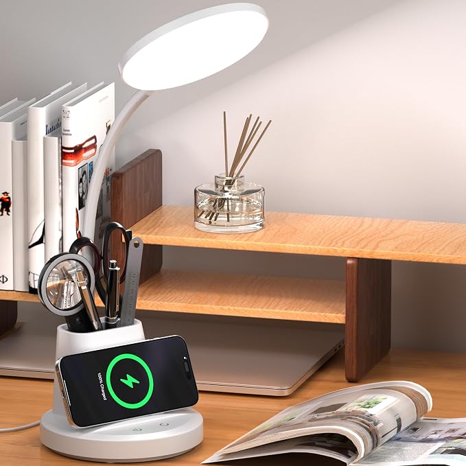 Desk Lamp for Home Office, LED Desk Lamp with Wireless Charger Pen Phone Holder, Dimmable Desk Light 3 Color Modes, College Dorm Study Lamp for College Dorm, CRI 90 800 Lumen
