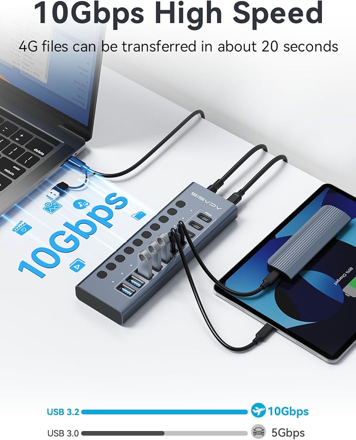 Powered USB 3.2 Hub, ACASIS 10 Ports USB 3.2 Hub(5 USB-A 3.2 Ports+5 USB-C 3.2 Ports), Aluminum USB Hub Powered with 48W Power Adapter, USB Hub for PC/Laptop, Computer, Flash Drive, Printer, Camera