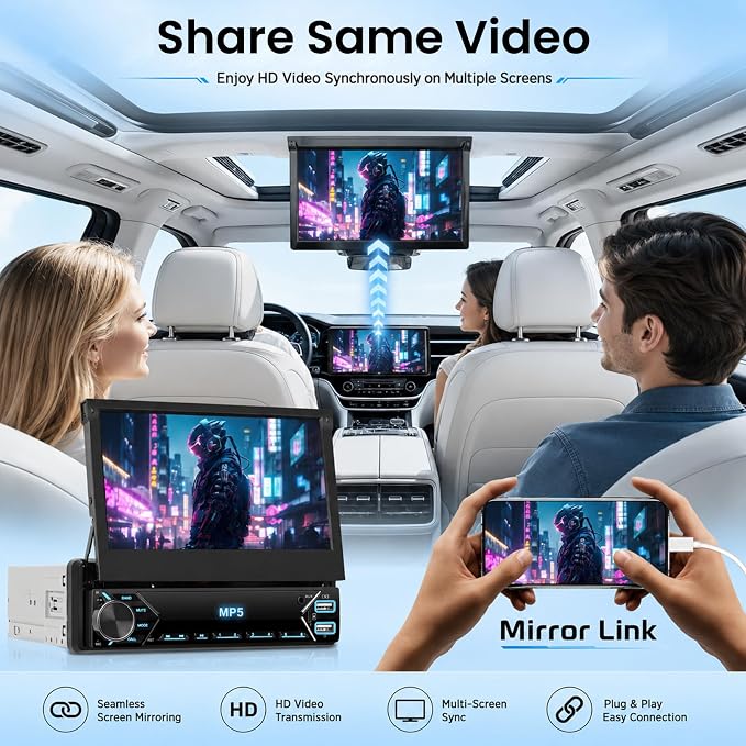 7 Inch Flip Out Touchscreen Car Stereo-Single DIN with Bluetooth 5.0, Mirror Link, Backup Camera & Type-C Fast Charging | Compatible with Most Vehicles