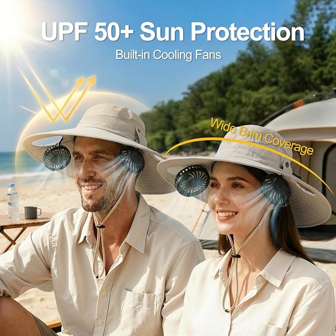 Sun Hat with Fan for Men & Women, Bucket Hat with Fan, UPF 50+ Cooling Hat with Sunblock Sleeves for Fishing,Hiking