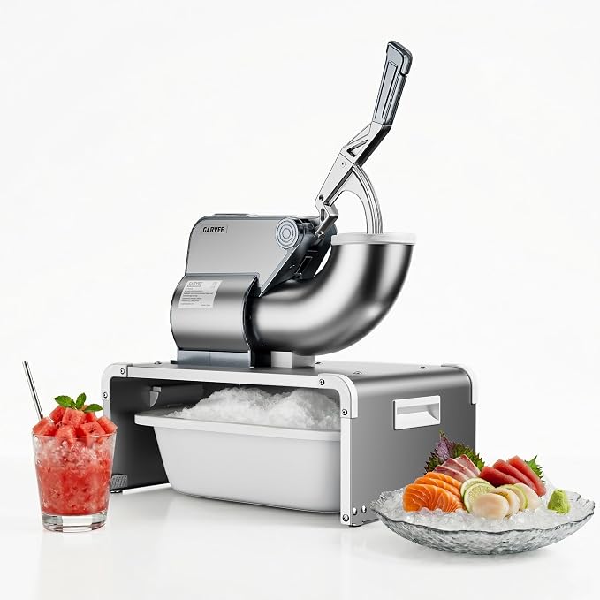 Garvee Commercial Ice Shaver 750LBS/H, 350W Electric Ice Crusher with 4 Stainless Steel Blades, 2000RPM, 2.64Gal Hopper & Replaceable Container Shaved Snow Cone Machine for Dessert Shops, Bars, Silver