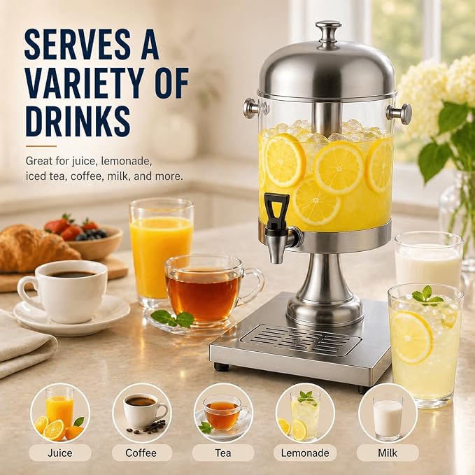 2.2 Gallon Drink Dispenser with Ice Core and Stand | Beverage dispenser with ice core, stand, and drip tray for cold drinks, juice, lemonade, iced tea, beer, and parties.
