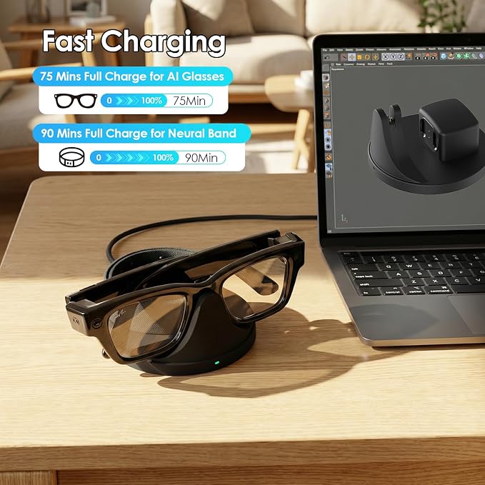 2-in-1 Charging Dock Compatible with Ray Ban Meta Display Smart Glasses & Neural Band, Magnetic Fast Charger for RayBan Meta Display Glasses Accessories