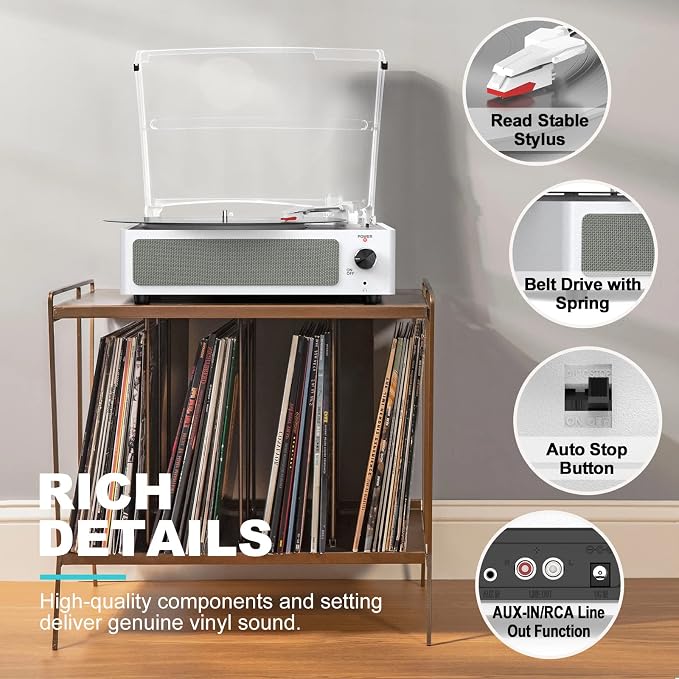 Vinyl Record Player with Speakers Turntable Belt-Driven Turn Table Support 3-Speed 3 Size BT Wireless Playback Headphone AUX-in RCA Line LP Phonographs Audio for Beginner Classic Pure White