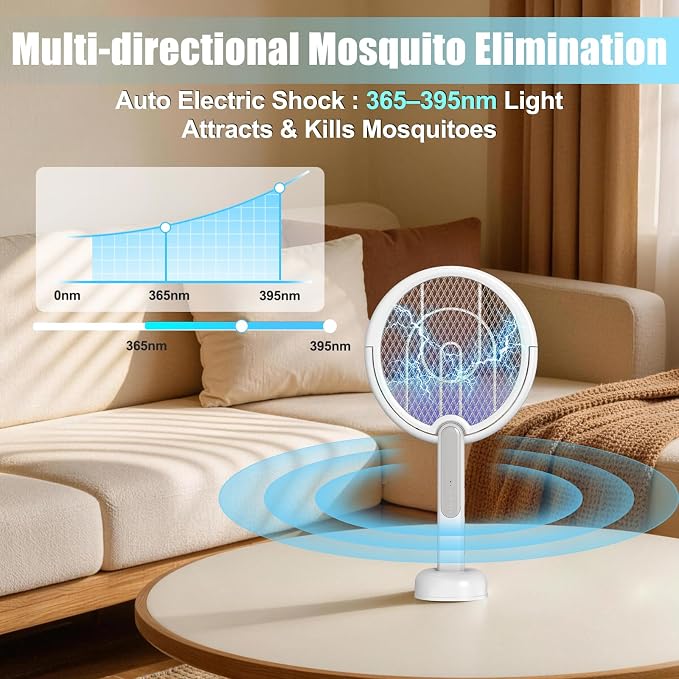 Rotating Head Electric Fly Swatter Racket, Bug Zapper Indoor with Long Telescopic Extension 4000V USB Rechargeable Mosquito Zapper Killer with Charging Base, 3 Modes Automatic & Manual