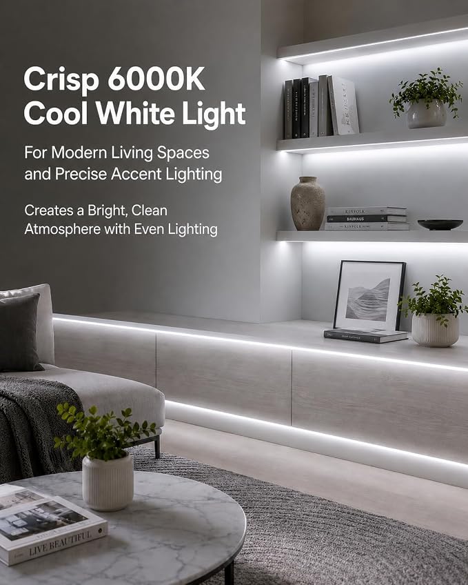 White Led Strip Lights, 16.4ft/5m Neon Light Strip, 12V Flex Waterproof Neon LED Strip Silicone LED Neon Rope Light for Kitchen Bedroom Indoor Outdoor Decoration（Power Adapter not Included