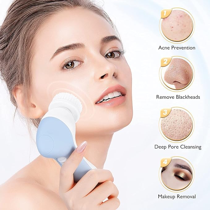 COSLUS 7in1 Facial Cleansing Brush + Silicone Face Scrubber, 4 Cleansing Modes, Moisturizing