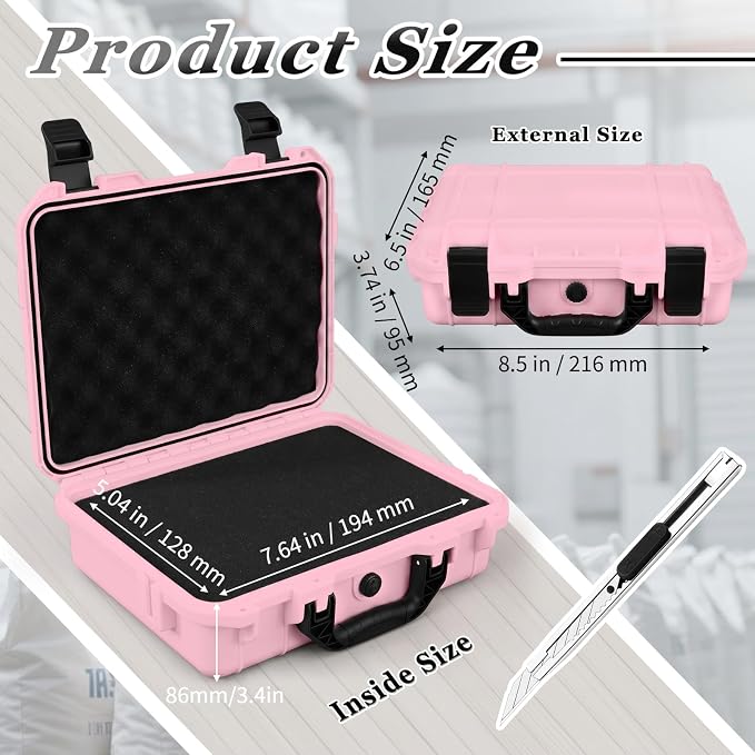 Relaxweex 1 Pcs Waterproof Hard Case with DIY Customizable Foam Insert Portable Protective Case with Knife for Camera Drones Equipments Tools Test Instruments(Pink,8.5 x 6.5 x 3.7 Inch)