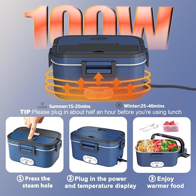 Nifogo Electric Lunch Box for Adults 100W 1.8L, Faster Heated Lunch Box for Men, Portable Electric Lunch Boxes Food Heater 12V/24V/110V for Car/Truck/Work with Bag(Blue)