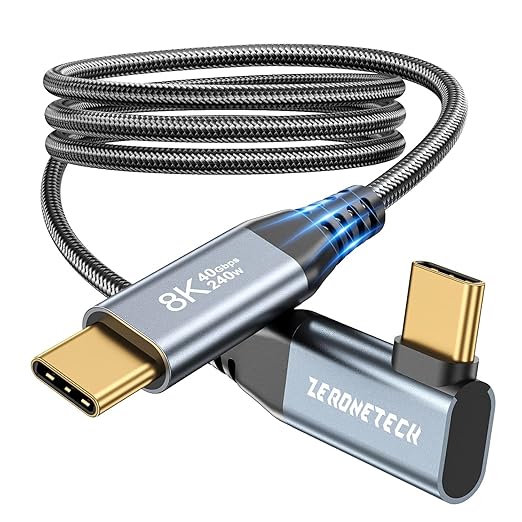 ZeroneTeck USB 4 for Thunderbolt 4 Cable, [Durable] 8K@60Hz/4K@144Hz USB C Monitor Display Cable, 40Gbps High Speed Data Transfer Right Angle, 240W Charing for iPhone 17,MacBook,iPad,SSD,HP,KYY - 6FT