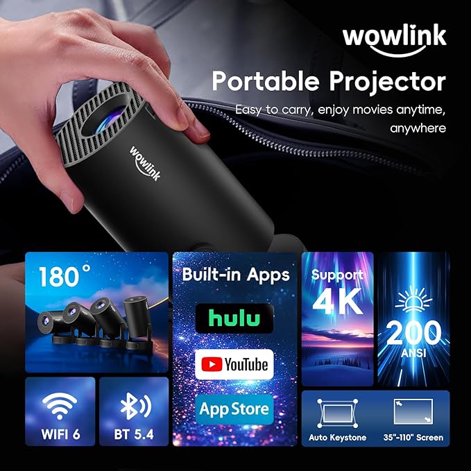 [Built-in Apps & 2026 Upgraded] Mini Projector with WiFi 6 and Bluetooth 5.4 Support 4K 1080P Auto Keystone 180° Rotatable Projector Portable Compatibile with HDMI/TV Stick/Memory Stick/Laptop, Dark