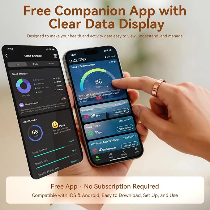 Smart Health Fitness Ring for Women & Men, Activity Tracker with Step Counter, Sleep Monitor & Stress Tracking, Waterproof, Compatible with Android & iOS, No Subscription Fee