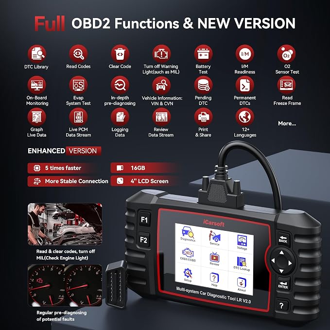 iCarsoft OBD2 Scanner for Landrover/Jaguar 9 Reset Functions Oil Reset BMS TPMS etc, Full System Diagnostic Tool with Airbag Transmission Scan, Battery Test/Live Data, LR V2.0 Car Code Reader
