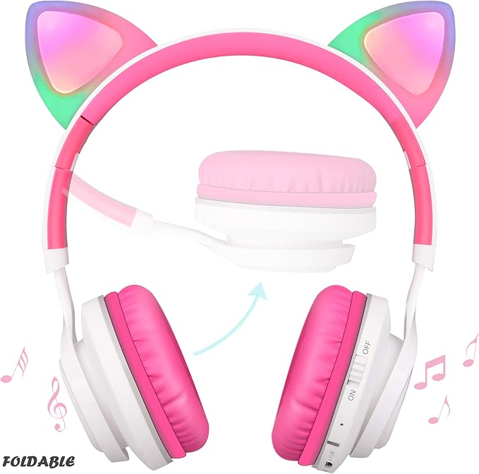 Riwbox CT-7 Cat Ear Bluetooth Headphones, LED Light Up Bluetooth Wireless Over Ear Headphones with Microphone and Volume Control for Travel/School/Smartphones/Laptop/PC/TV (White&Pink)
