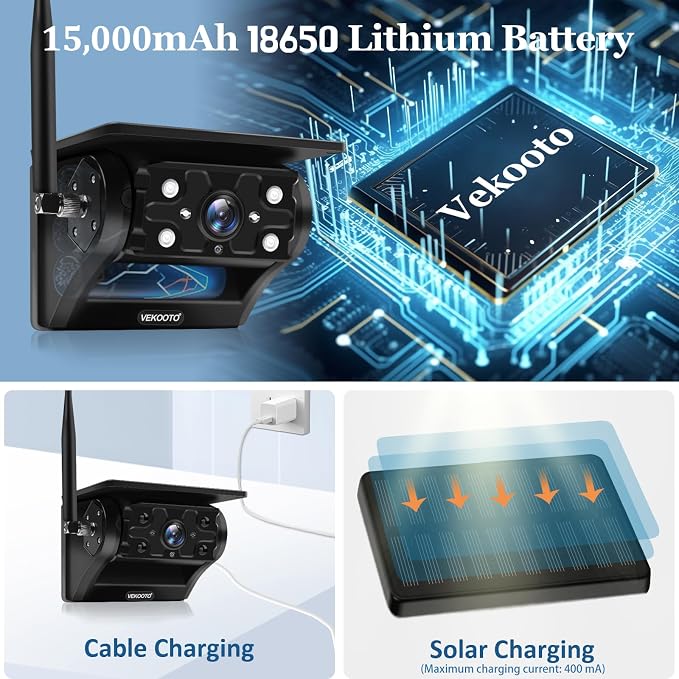 VEKOOTO VK7 Magnetic Solar Wireless Backup Camera, 7'' IPS Touchscreen Monitor HD1080P No Wiring 15,000mAh Rechargeable Camera System for Hitching Gooseneck Horse Trailer RV Camper Car Truck