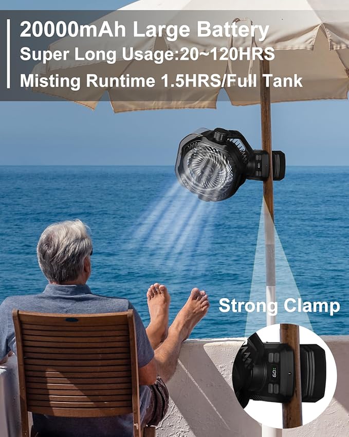Portable Rechargeable Misting Fan with 12oz Mist, Battery Life Display, Remote, Timer, Light, 5 Speeds, 9-Inch, 20000mAh 120H Battery Powered Clip Fan for Stroller, Travel, Outdoor, Poweroutage
