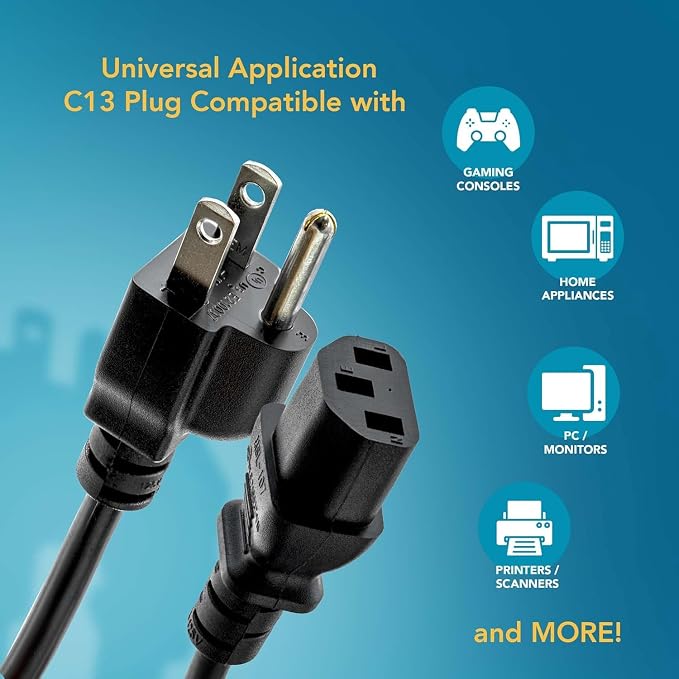 UL Approved 15ft Universal Power Cord (2 Pack) - IEC C13 to NEMA 5-15P Computer Monitor Cable for IT Departments, Data Centers & Bulk Purchasing - 18AWG 10A 125V