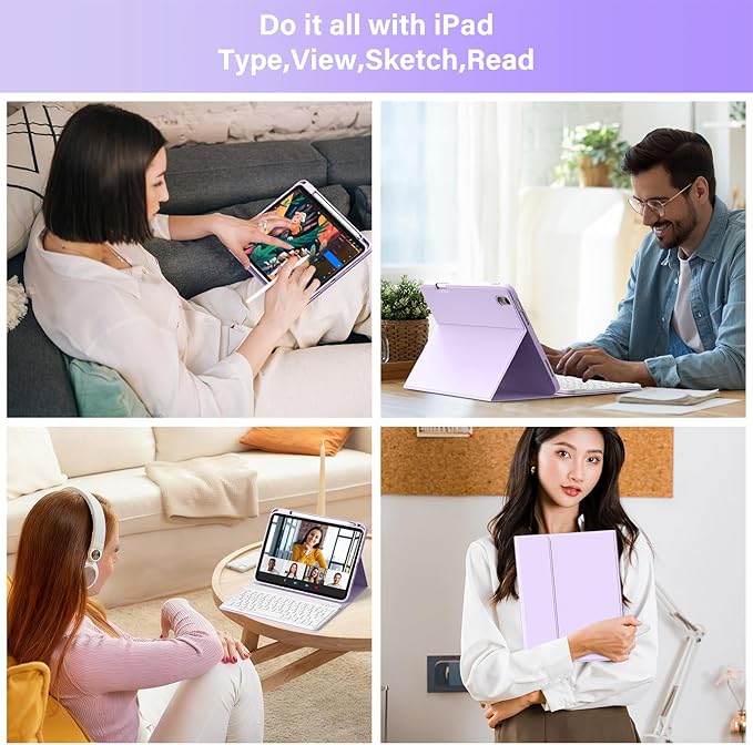 Keyboard for iPad 11th Gen, 11/10.9inch iPad Case with Pencil Holder, 11inch A16/10.9" Slim Lightweight case with Wireless Keyboard Folio Cover Auto Wake/Sleep, Purple