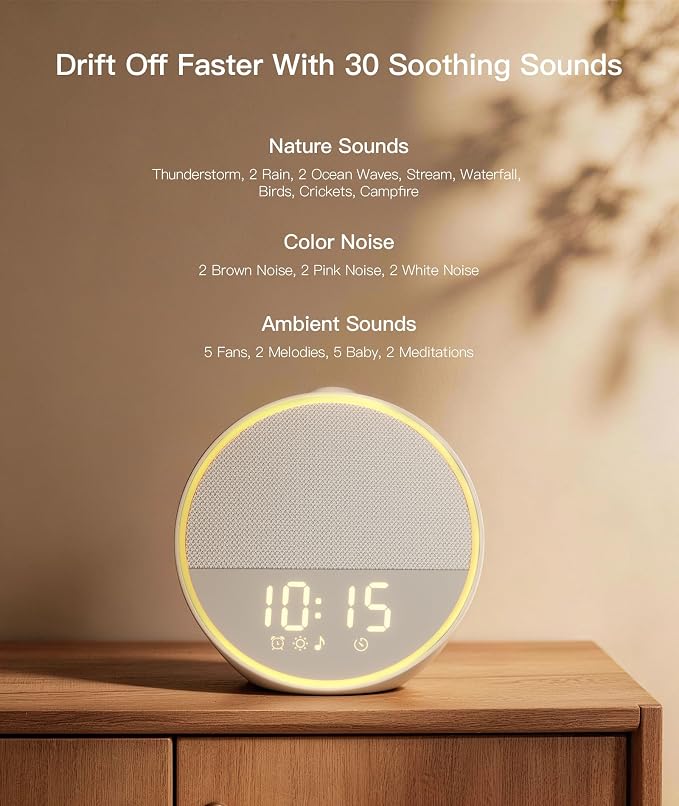 Sound Machine - Alarm Clock White Noise Sound Machine for Sleep, Night Light, 30 Soothing Sounds, 10 Gentle Alarms, Sleep Timer, Screen-Free Sleep Routine for Adults, Travel, Nightstand, Office