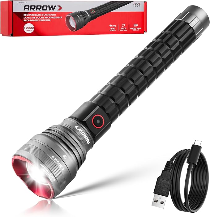Arrow Rechargeable Flashlights 12000 Lumens, 6 Modes Bright LED Flashlight with Memory Function, IPX7 Waterproof, Zoomable Flash Light with Dual Power Design, USB-C Input Output for Outdoor Emergency
