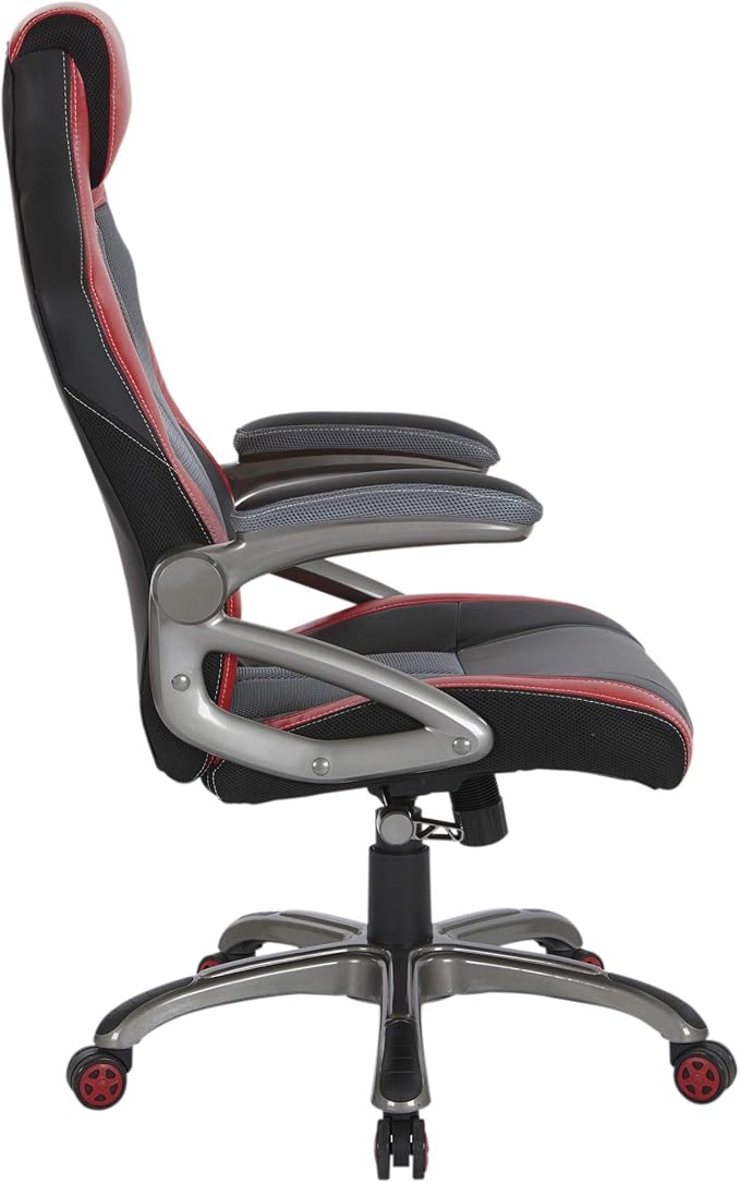 OSP Home Furnishings Race Car Adjustable Gaming Chair, Charcoal Grey Bonded Leather with Red Accents