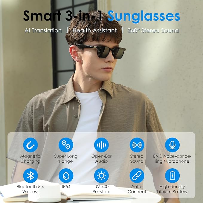 GetD 2026 Acetate Smart Glasses, ChatGPT and 145-Language Real-time Translator, Bluetooth Sunglasses with Nylon Polarized Lens, 11H Battery Life, Open-Ear Audio, Voice Control for Travel & Business