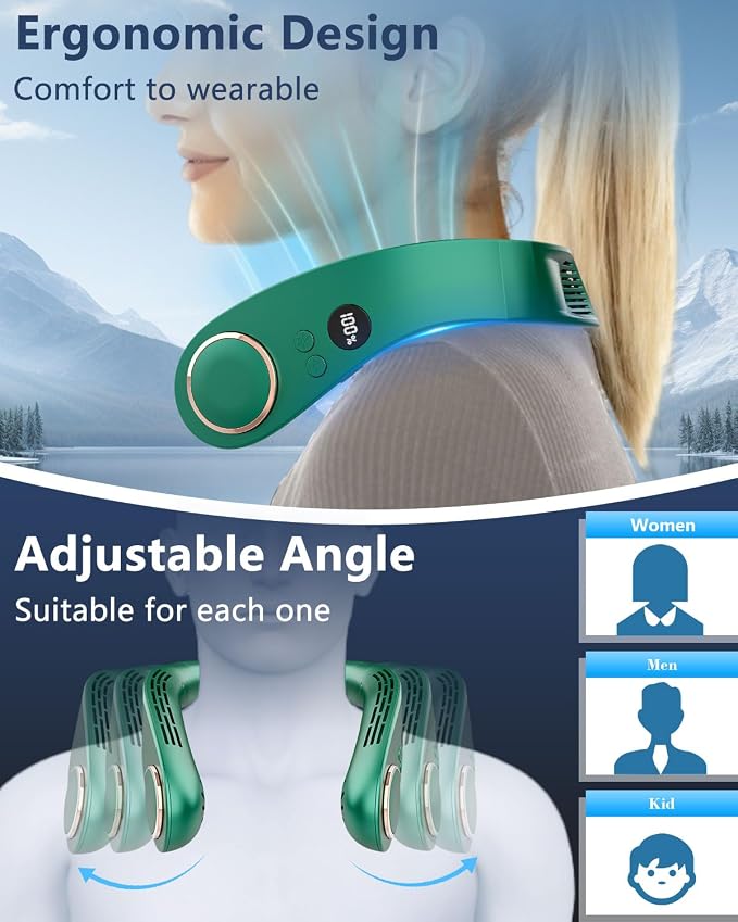 Portable Neck Fan Rechargeable,Neck Air Conditioning Wearable Cooling Device,Wear AC Air Conditioner Flexible Adjustable Angle,5 Speeds No Blade Headphone Design Breezy Hands Free Head Cooler Green