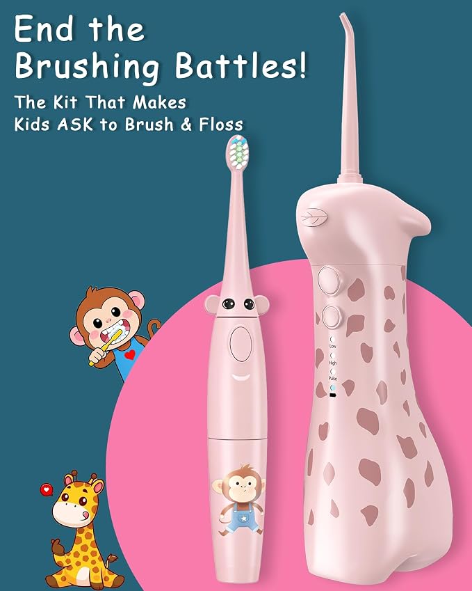 Kids Water Flosser & Electric Toothbrush Combo for Ages 6-12,Children Oral Irrigator with 3 Gentle Modes & 2 Sonic Modes,Braces-Friendly Dental Kit for Boys & Girls (Giraffe & Monkey Design)