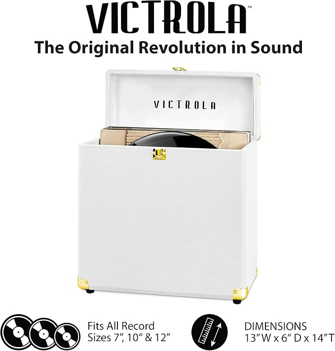 Victrola Vintage Vinyl Record Storage and Carrying Case, Fits all Standard Records - 33 1/3, 45 and 78 RPM, Holds 30 Albums, Perfect for your Treasured Record Collection, White, 1SFA (VSC-20-WHT)