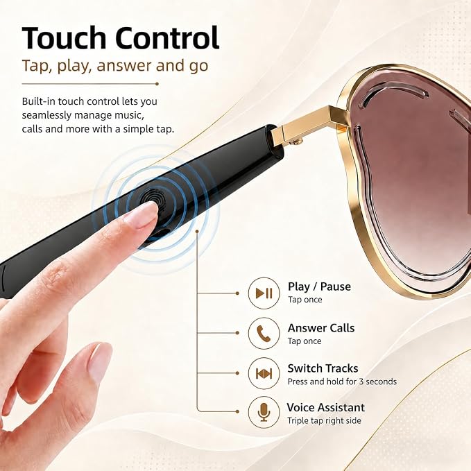 Smart Glasses for Women Men, Open Ear Audio, 7H Playtime, Mic & Speakers | Bluetooth Sunglasses, Touch Control for Sports Driving, Bilateral Power-On, Large Frame, Eye Care for Outdoor