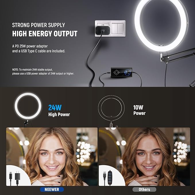 NEEWER 12" 24W High Power LED Ring Light Compatible with iPhone, 60" Overhead Folding Light Stand/Phone Holder Mount for Video Recording Selfie Makeup Streaming, 2900-7000K USB C PD Input CRI97+, RH12