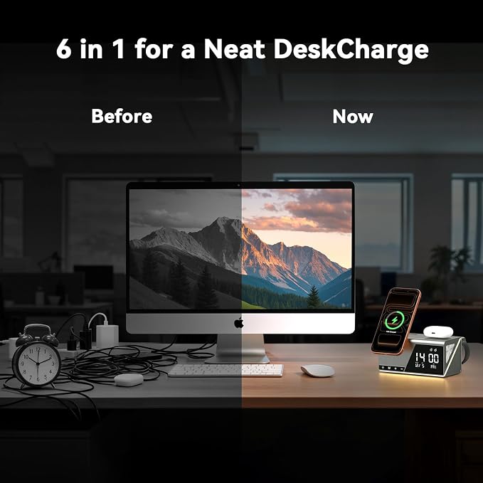 4URPC 6-in-1 Alarm Clock Wireless Charging Station for Apple Devices,MagSafe Charging Dock for iPhone 17/16/15/14/13 Series, Apple Watch, AirPods,Wireless Charger with Night Light/Alarm Clock